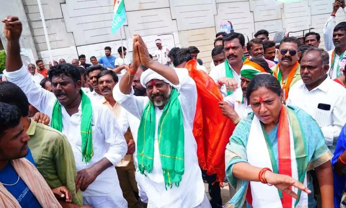 A number of party leaders welcoming CLP leader Bhatti Vikramarka to his home district on Wednesday.