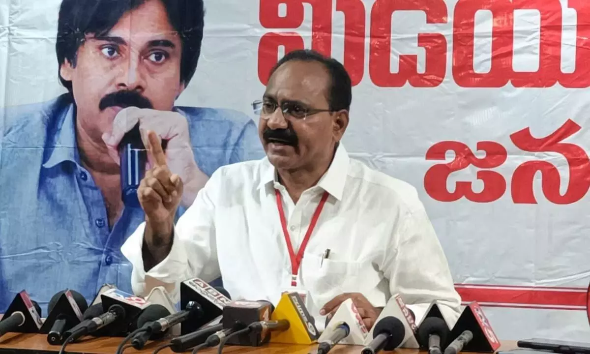 Jana Sena Party Political Affairs Committee member Kona Tatarao addressing the media in Visakhapatnam on Thursday