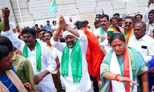 A number of party leaders welcoming CLP leader Bhatti Vikramarka to his home district on Wednesday.