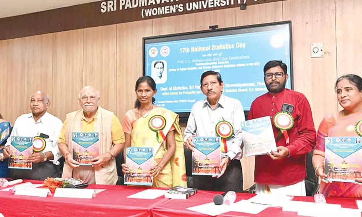 SPMVV V-C Prof D Bharathi, former V-Cs Prof R Ramamurthy and Prof E Satyanarayana, Prof P Rajasekhar Reddy and others at the launch of Statistics consultancy service cell in Tirupati on Thursday