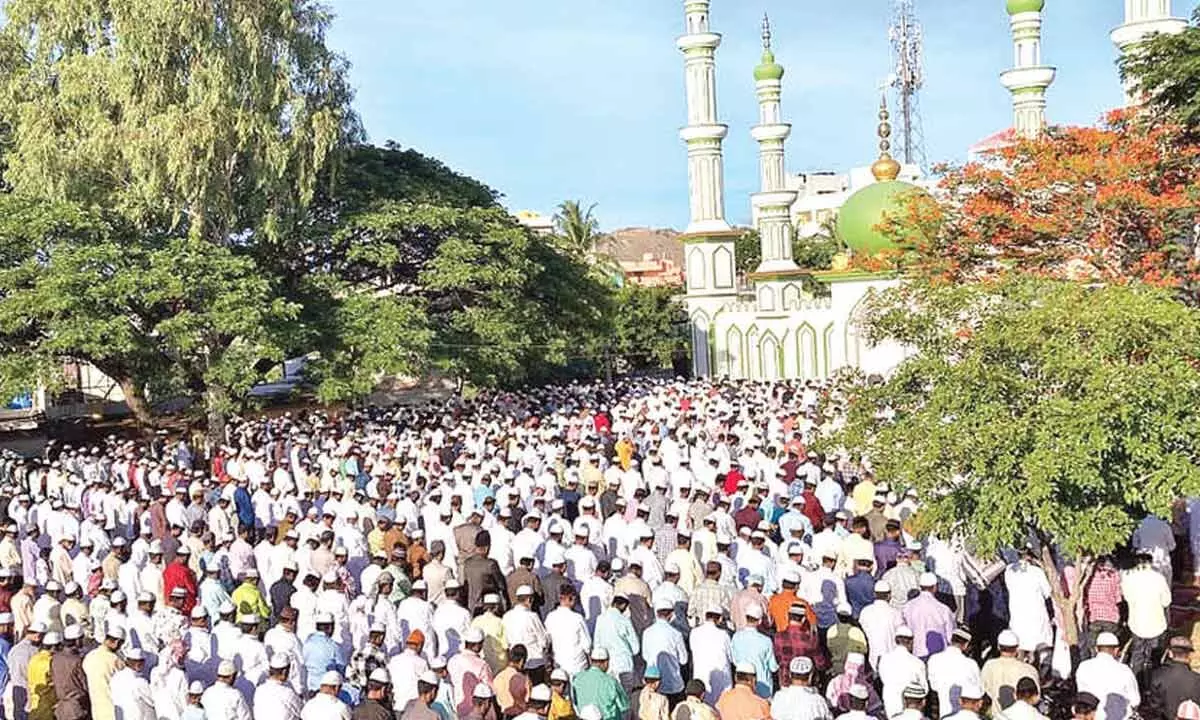 Muslims taking part in prayers at Idgah ground in Madanapalle on Thursday