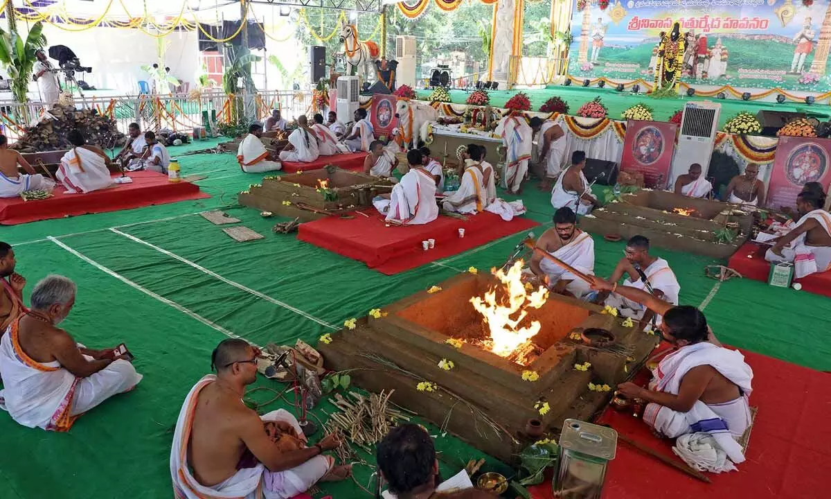 The priests conducting rituals on the first day of week-long Chaturveda Havanam which began in Tirupati on Thursday