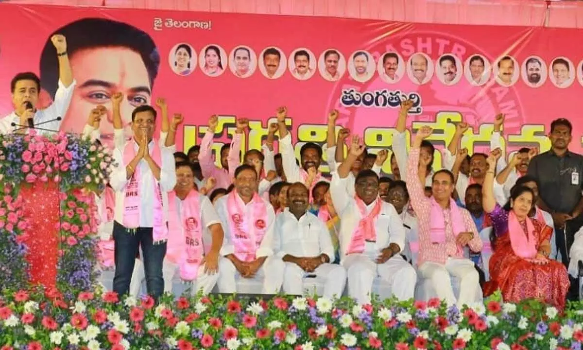 IT Minister KTR addressing a public meeting held in Tirumalagiri on Thursday