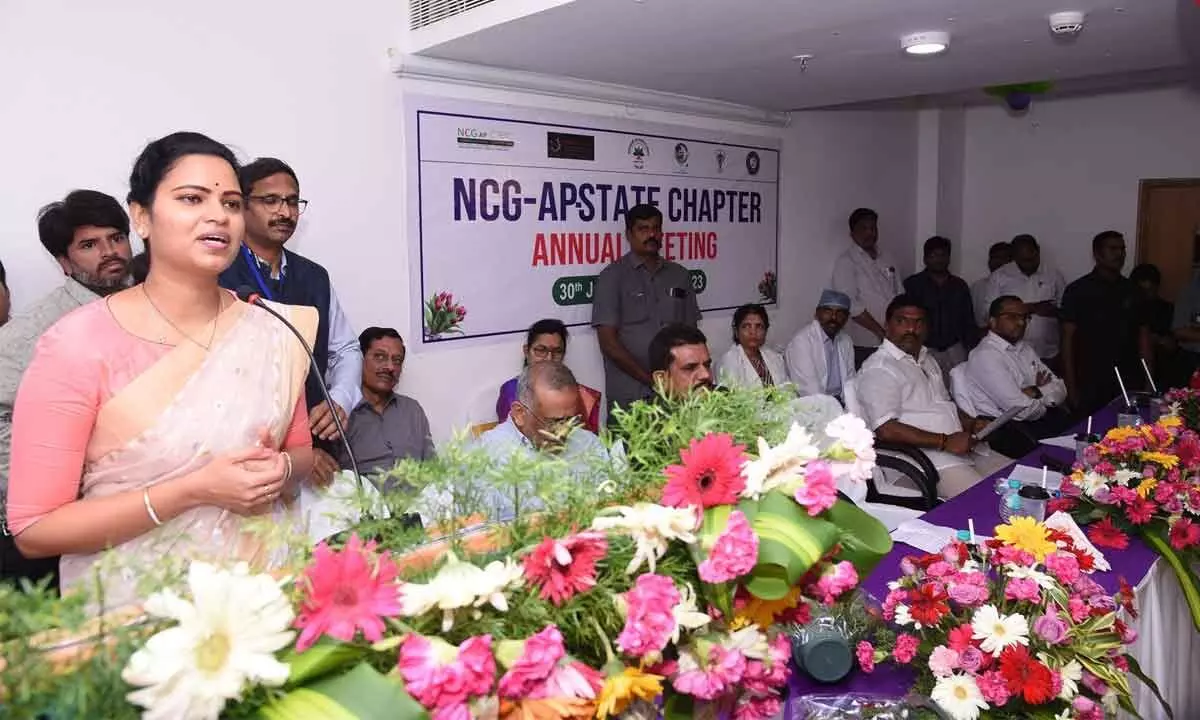 Medical and Health Minister Vidadala Rajini addressing the NCG AP Chapter meeting in Guntur on Friday