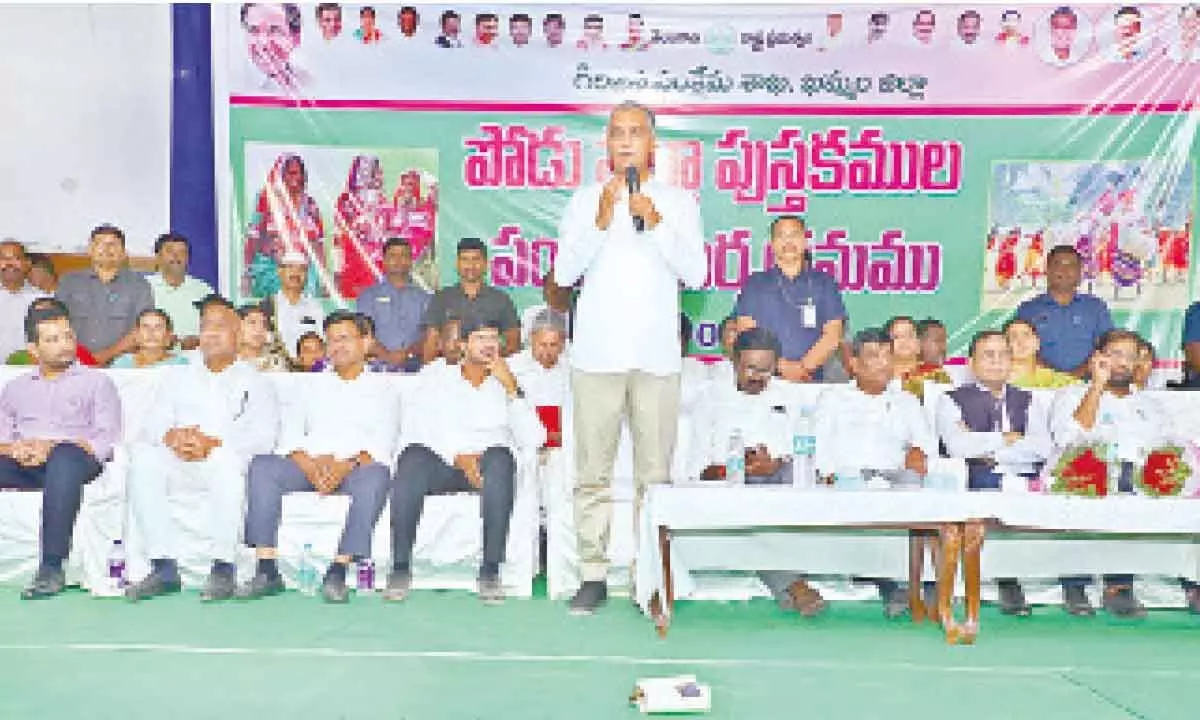 Minister for Finance Harish Rao speaking at a meeting in Khammam on Friday.