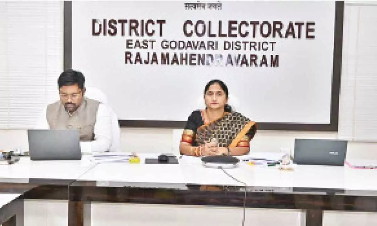 District collector K Madhavi Latha and other officials take part in a review on electoral rolls conducted by CEO Mukesh Kumar Meena virtually on Tuesday