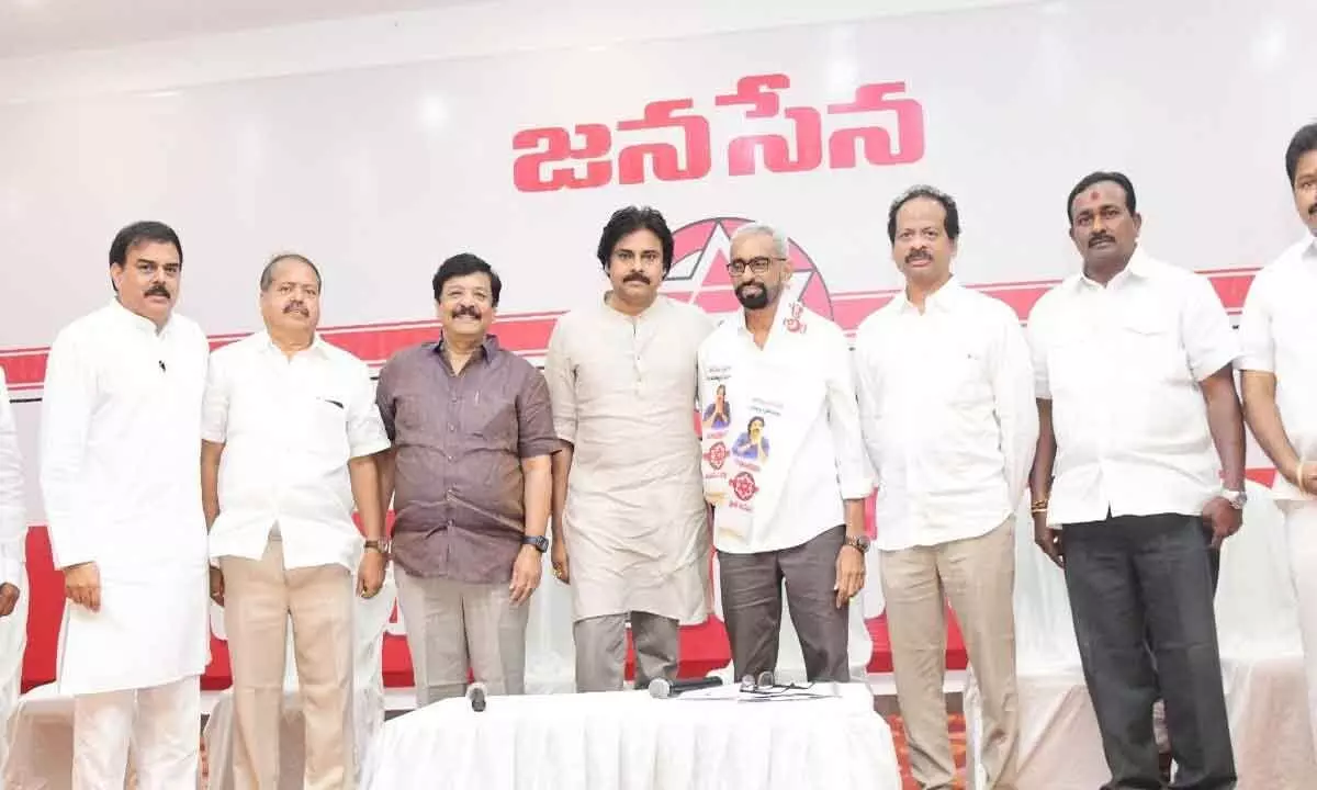 Jana Sena president Pawan Kalyan, party PAC chairman Nadendla Manohar, combined East Godavari district president Kandula Durgesh with Thota Sudhir of Kakinada and others who joined the party in in Bhimavaram on Friday