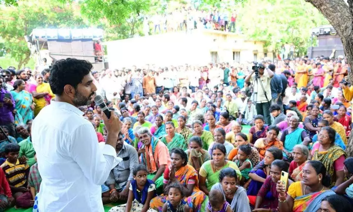 TDP national general secretary Nara Lokesh speaking to the villagers of Varagali in Gudur Assembly constituency on Friday