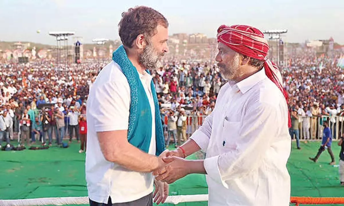 Senior Congress leader Rahul Gandhi greeting CLP leader Bhatti Vikramarka at ‘Jan Garjana’ public meeting in Khammam on Sunday