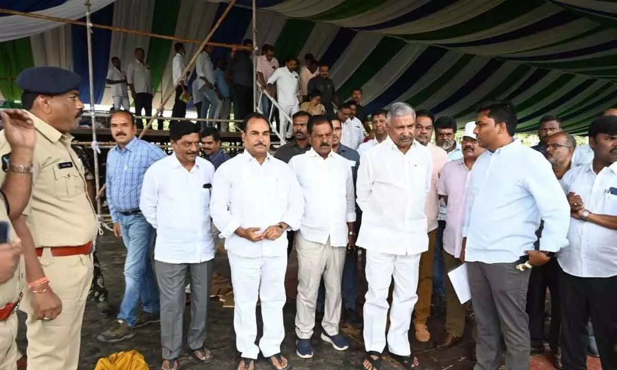 Deputy Chief Minister K Narayana Swamy, Energy Minister P Ramachandra Reddy and others in Chittoor on Sunday inspecting the arrangements for the Chief Minister’s public meeting. The Chief Minister is expected to visit Chittoor on Tuesday.