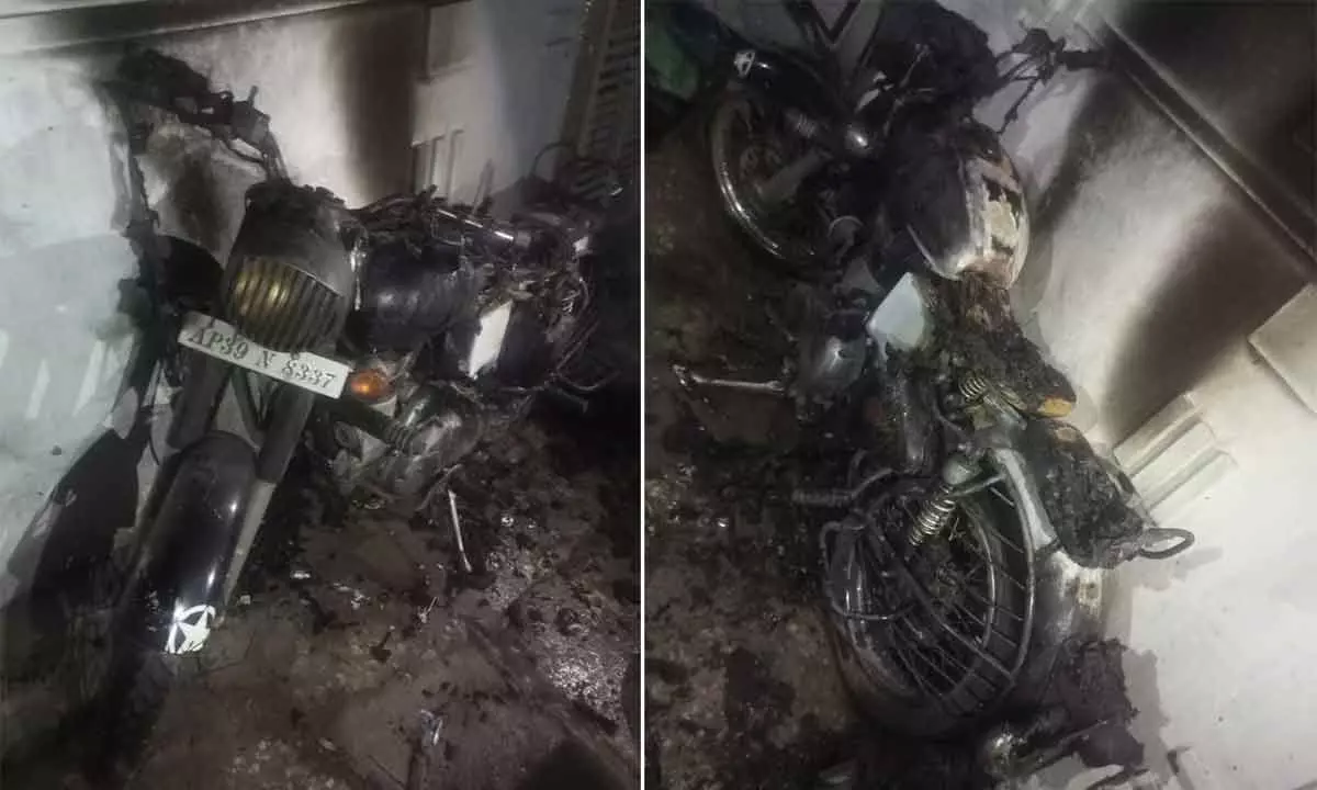 Visakhapatnam: A two-wheeler parked at a residence goes up in flames