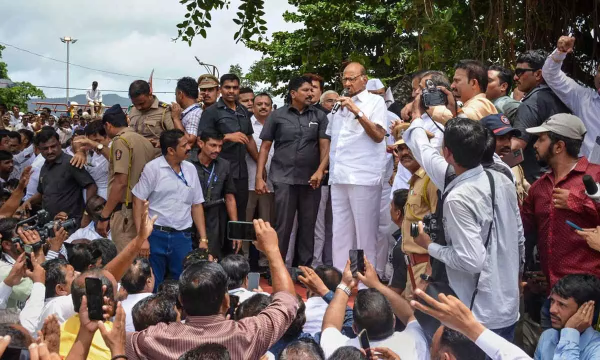 NCP Chief Sharad Pawar addresses supporters after paying  tributes to former Maharashtra chief minister Yashwantrao Chavan, in Karad on Monday