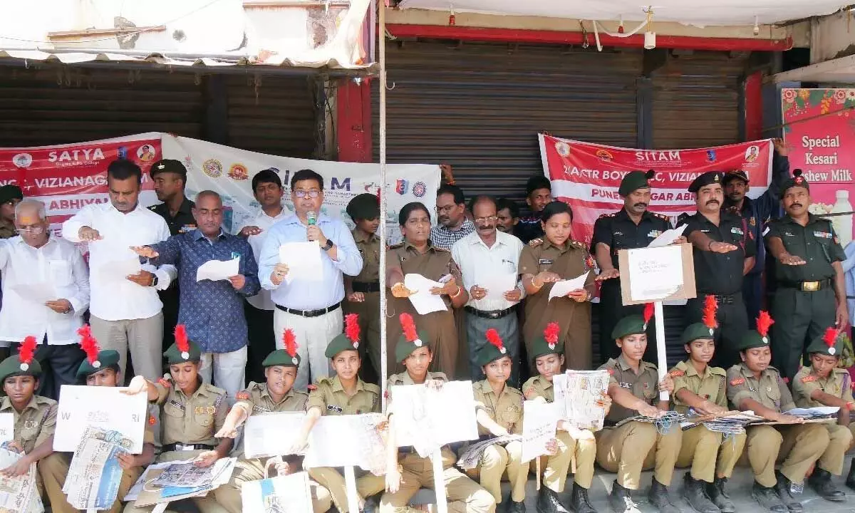 NCC cadets of SITAM taking a pledge to promote paper bags instead of plastic bags