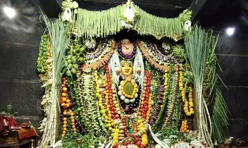 Goddess Bhramarambika Devi decorated with various varieties of leafy vegetables, vegetables and fruits, as part of Sakambari Utasavam in Srisailam on Monday.
