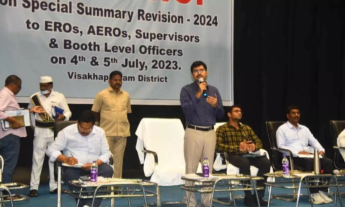 District Collector A Mallikarjuna addressing EROs, AEROs, supervisors and booth level officers in Visakhapatnam on Tuesday