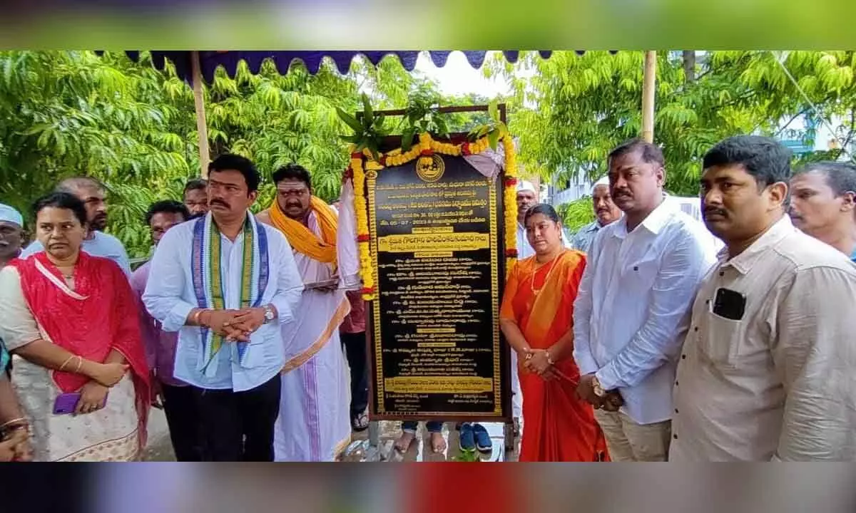 City Mayor G Hari Venkata Kumari and YSRCP north constituency coordinator KK Raju laying a foundation for school development works in Visakhapatnam on Wednesday