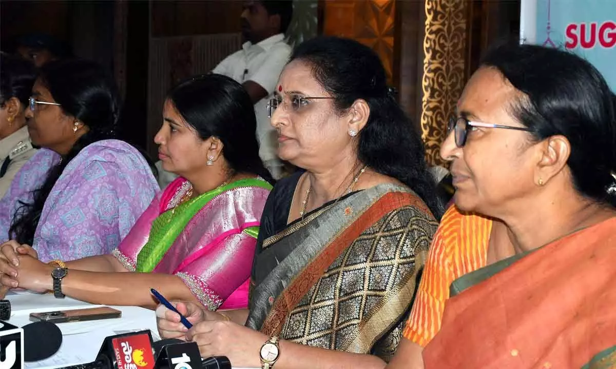 AP Women’s Commission Chairperson Vasireddy Padma presiding over a seminar on ‘Abuse of women on social media platforms - Suggestions and recommendations’ in Vijayawada on Wednesday. Mayor Rayana Bhagyalaksmi and others are seen.   Photo: Ch V Mastan