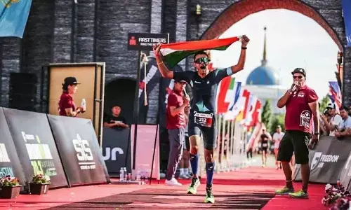 Lt Cdr Ujjwal Choudhary after finishing ‘Ironman Triathlon’ at the fifth position in his age group conducted recently in Kazakhstan