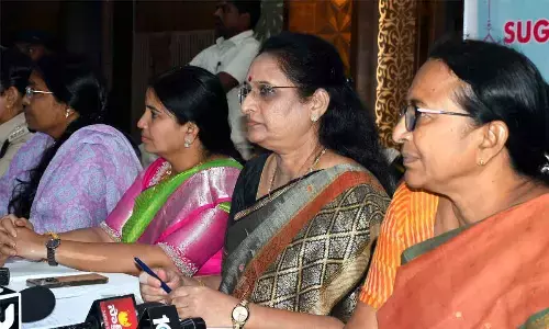 AP Women’s Commission Chairperson Vasireddy Padma presiding over a seminar on ‘Abuse of women on social media platforms - Suggestions and recommendations’ in Vijayawada on Wednesday. Mayor Rayana Bhagyalaksmi and others are seen.   Photo: Ch V Mastan