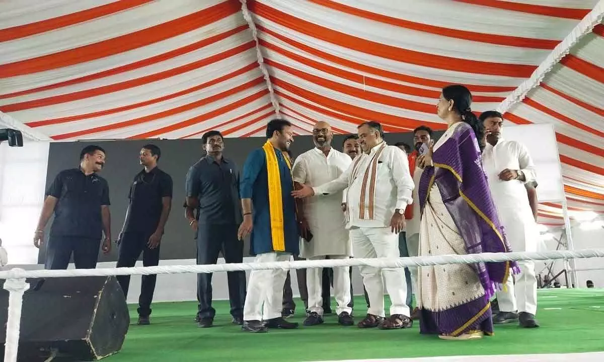Senior BJP leader G Kishan Reddy, along with other leaders, overseeing arrangements for Prime Minister Narendra Modis public meeting, in Warangal on Friday. Photo: G Shyam Kumar