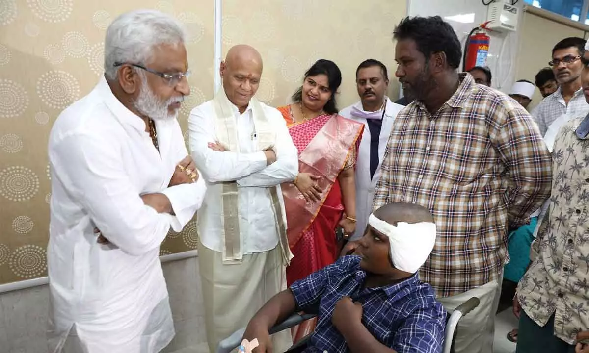 TTD Chairman Y V Subba Reddy interacting with children, who availed the cochlear implant for improving hearing, at BIRRD in Tirupati on Friday.  TTD EO A V Dharma Reddy and JEO Sada Bhargavi are also seen.