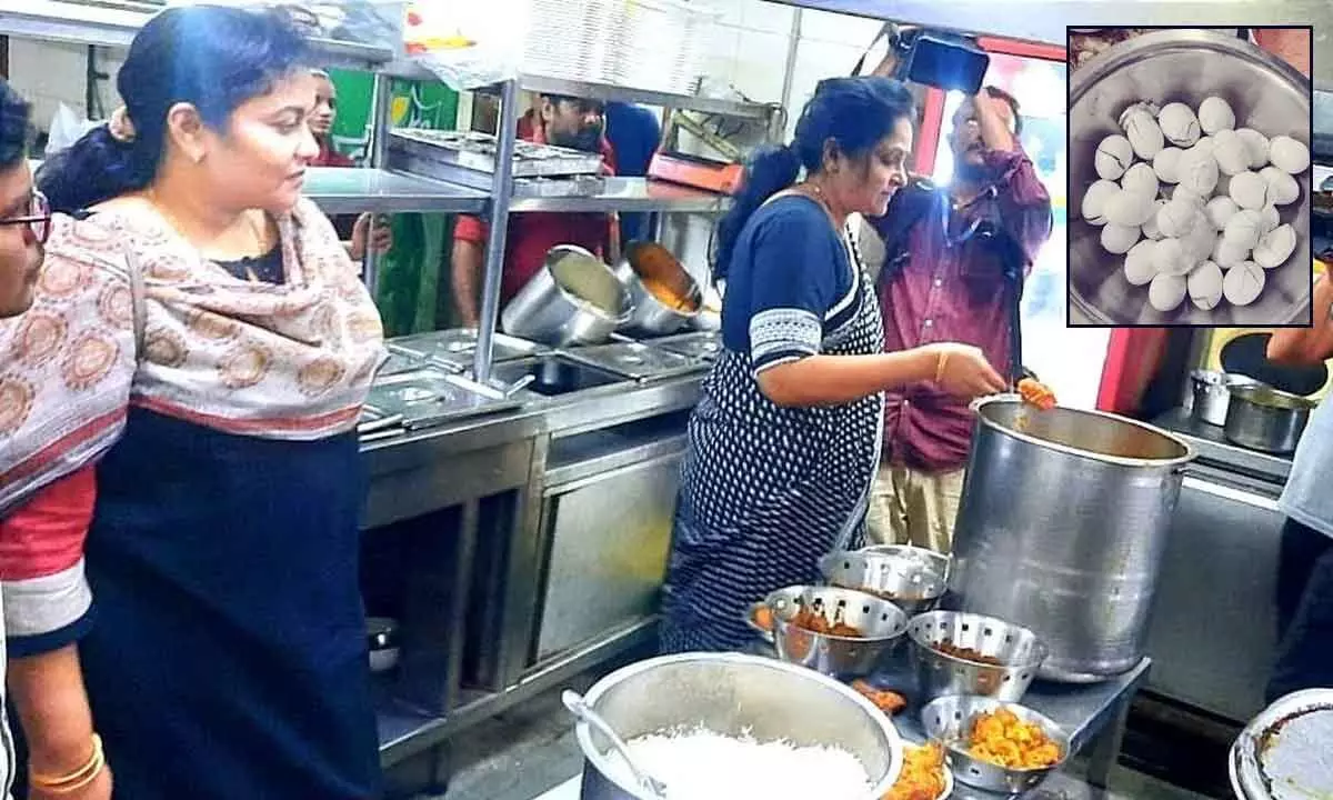 Vigilance and Enforcement Additional Superintendent of Police G Swaroopa Rani inspecting the food at a restaurant in Visakhapatnam; Rotten eggs stored in a refrigerator in a restaurant in Visakhapatnam (Inset Pic)