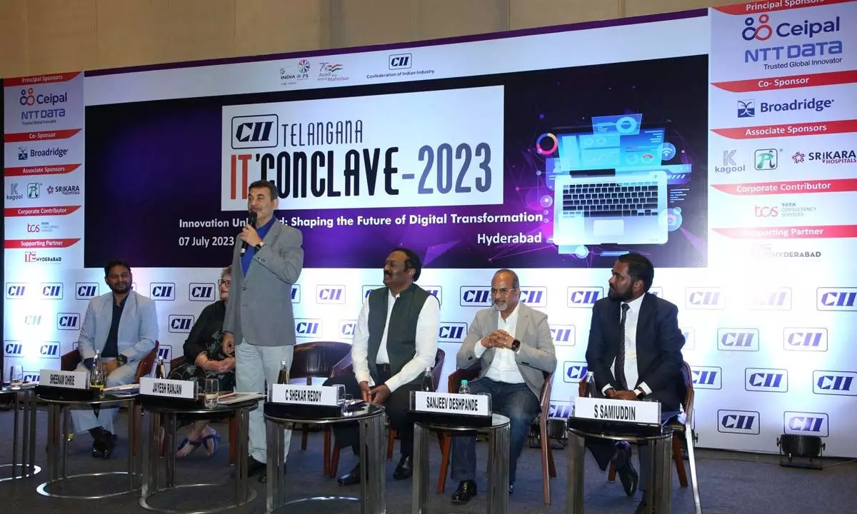 Dr Jayesh Ranjan, Telangana IT Principal Secretary speaking at the IT Conclave-2023 organised by the CII Telangana in Hyderabad on Friday