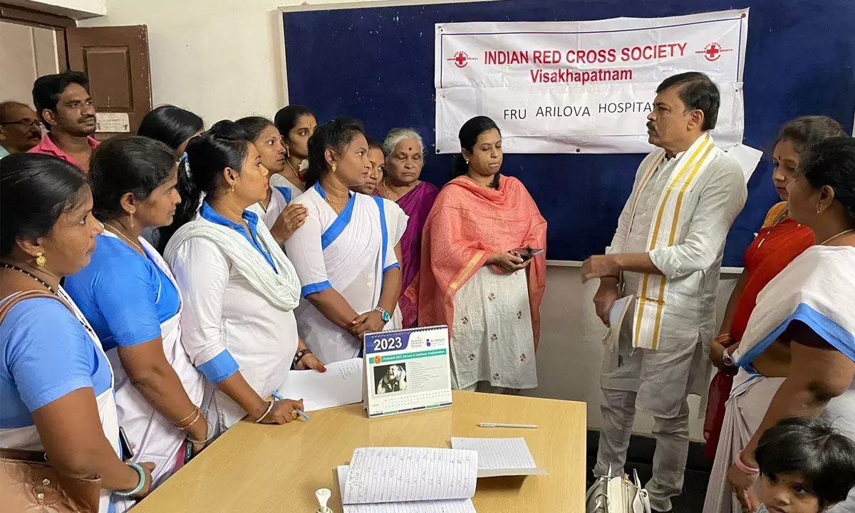 Rajya Sabha member GVL Narasimha Rao visiting a primary health centre located at Arilova and interacting with the  staff in Visakhapatnam on Saturday