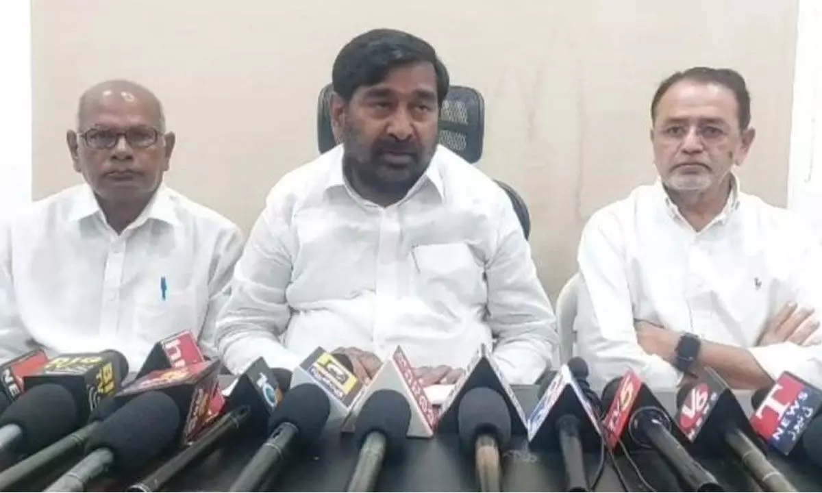 Minister For Energy Jagadish Reddy along with other leaders addressing the media in Suryapet