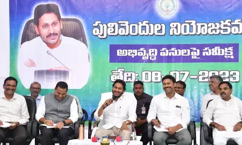 Chief Minister Y S Jagan Mohan Reddy addressing a review meeting on the developmental works being implemented by the Pulivendula Area Development Authority at Idupulapya in Pulivendula constituency on Saturday