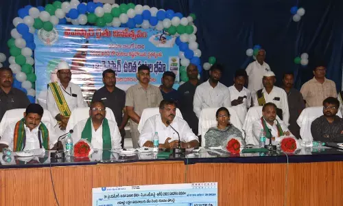 Minister Botcha Satyanarayana addressing in Farmers day in Vizianagaram. ZP Chairman Chinna Srinu, Deputy speaker K Veerabhadraswamy also seen