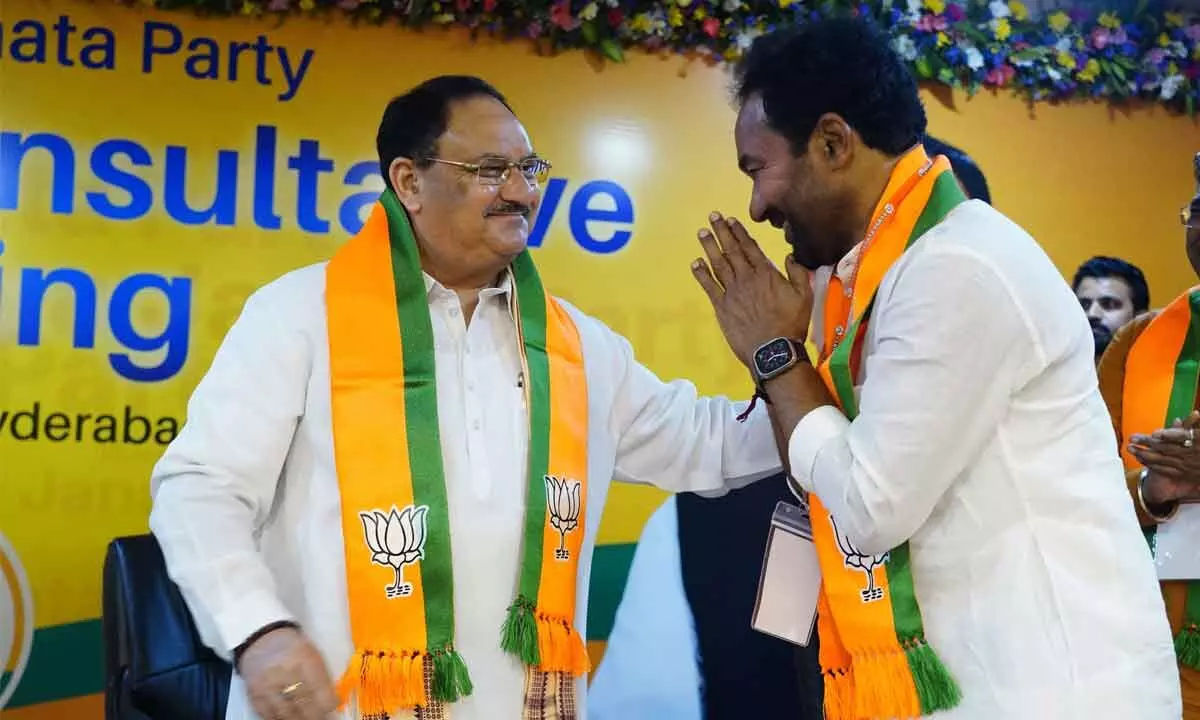 Telangana BJP chief G Kishan Reddy greets national president JP Nadda at the party’s national conference of 11 states in Hyderabad on Sunday