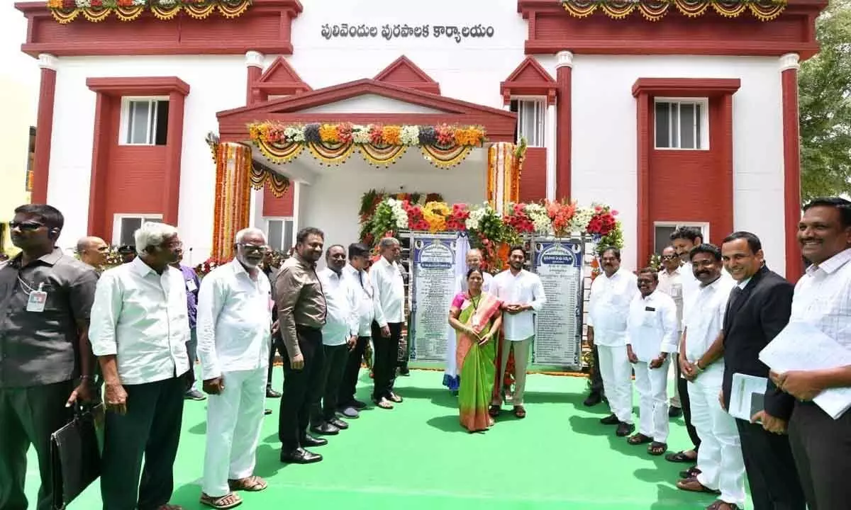 Chief Minister Y S Jagan Mohan Reddy after inaugurating the newly-constructed municipal administrative building in Pulivendula town on Sunday