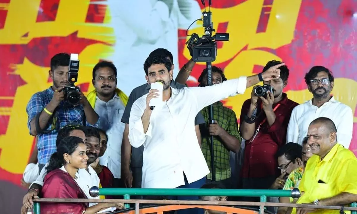 TDP national general secretary Nara Lokesh addressing a public meeting as part of his Yuva Galam Padayatra in Kavali  in Nellore district on Monday