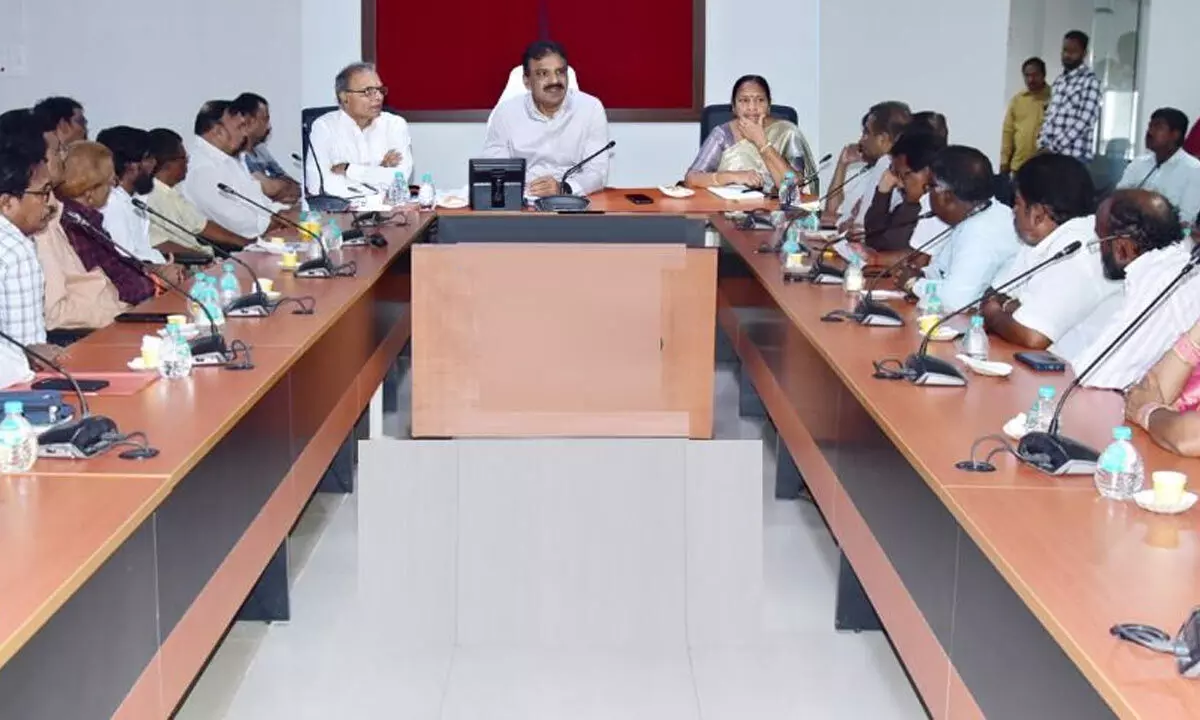 AP Film, TV and Theatre Development Corporation Managing Director T Vijay Kumar Reddy holding a meeting with eminent theatre personalities on Nandi Natakotsavam in Vijayawada on Monday