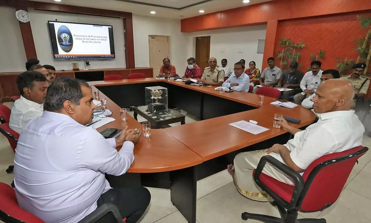 TTD EO A V Dharma Reddy holding a meeting with police, RTA and APSRTC officials at his office in Tirupati on Monday on prevention of mishaps on the ghat roads