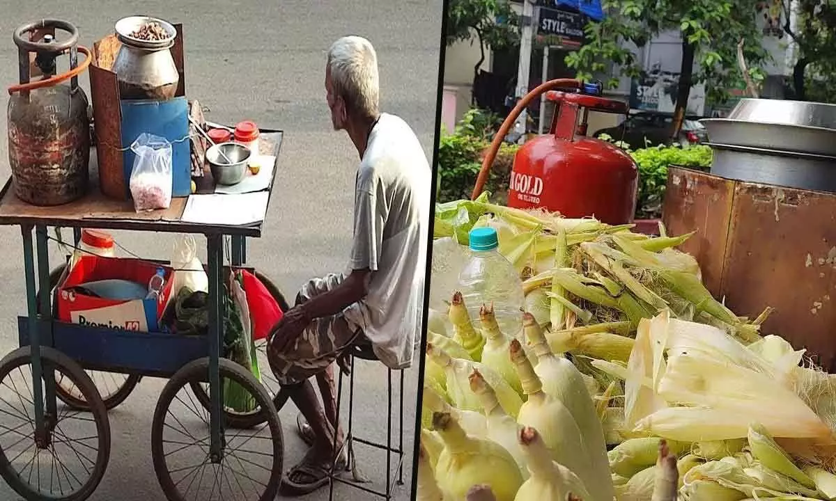 An elderly person finds it convenient to sell steamed peanuts using a portable LPG cylinder in Visakhapatnam; A lady using a portable LPG cylinder to sell steamed sweetcorns  in Visakhapatnam Photos: Vasu Potnuru