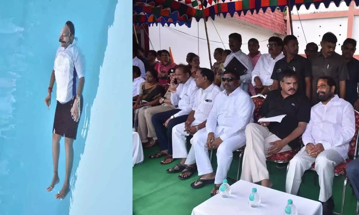 State Assembly Speaker Tammineni Sitaram, Education Minister Botcha Satyanarayana and others witnessing Deputy Speaker  K Veerabhadra Swamy performing Jalasana in Vizianagaram on Tuesday