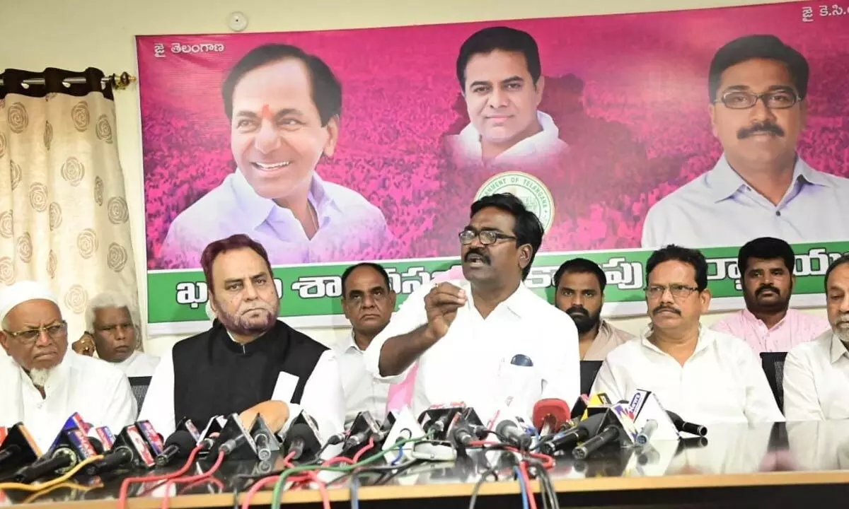 Transport Minister Puvvada Ajay Kumar speaking to media persons at his camp office in Khammam on Tuesday