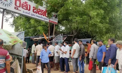 Consumers queue up to purchase subsidised tomatoes at VL Puram Rythu Bazar in Rajamahendravaram on Tuesday