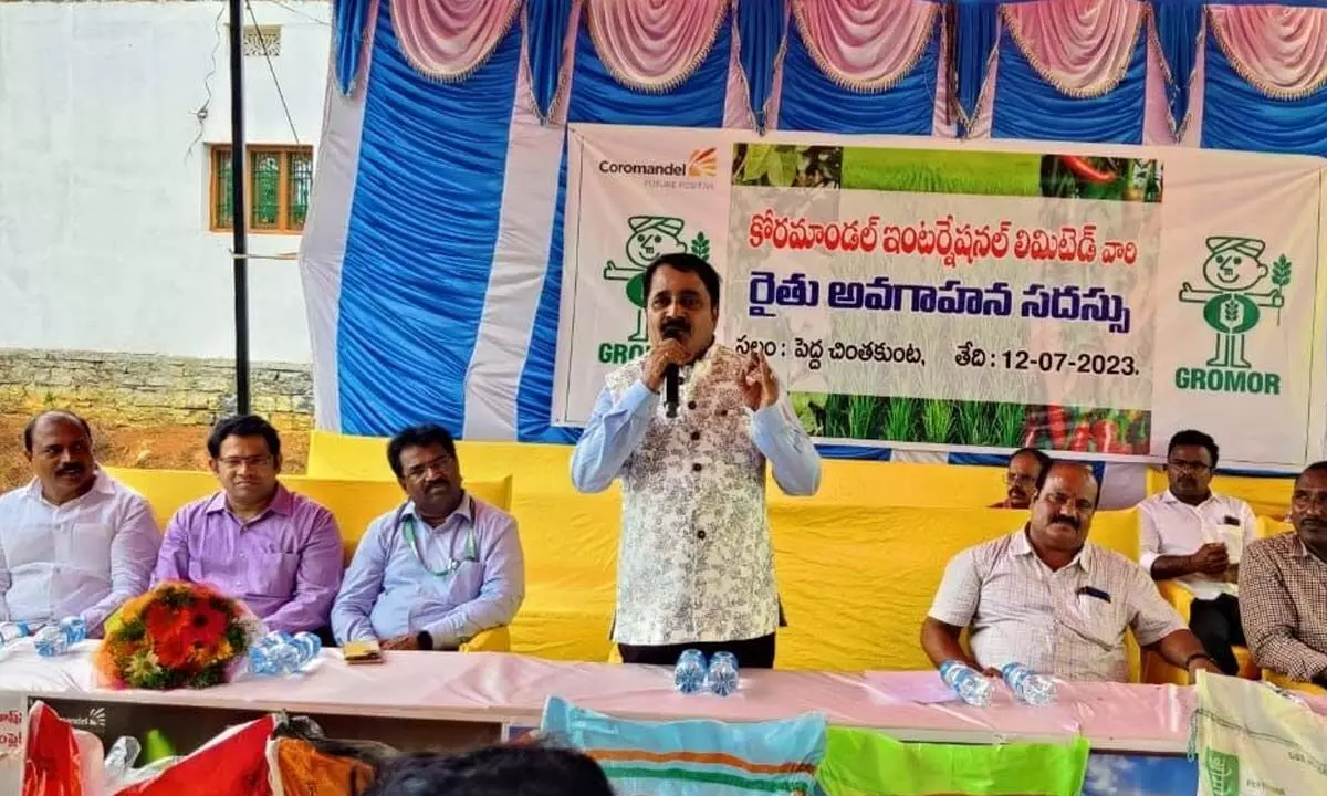 Coromandel International Limited Vice President Ghanta Venkata Subba Reddy addressing an awareness programme organised to farmers at Chintakunta village in Allagadda mandal on Wednesday.