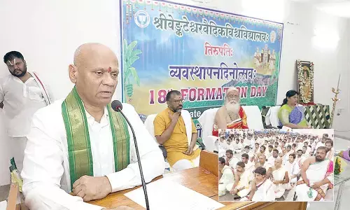 TTD EO A V Dharma Reddy addressing the students of S V Vedic University on the occasion of its 18th anniversary in Tirupati on Wednesday