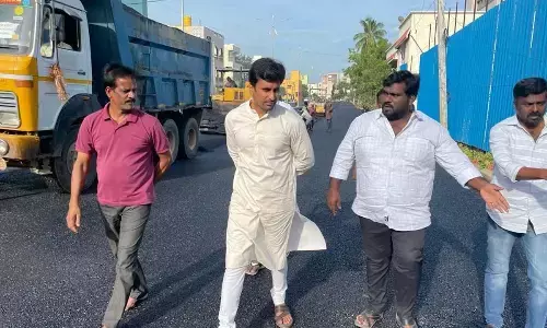 Deputy Mayor Abhinay Reddy inspecting the Pangaluru Seethamma Master Plan road in Tirupati, which is ready for inauguration