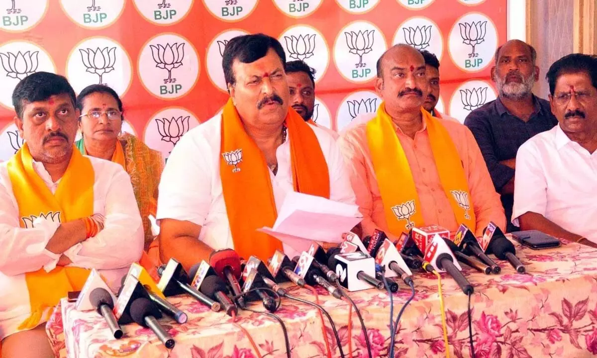 BJP leader Ponguleti Sudhakar Reddy speaking to media persons in Khammam on Friday