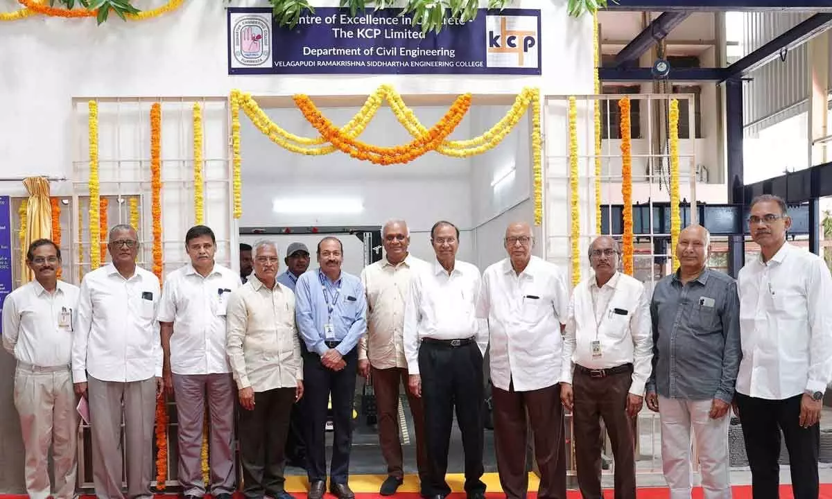 KCP Limited vice-president (Operations) V Madhusudhana Rao Inaugurating Centre of Excellence in Concrete with 3D Printing Technology at VRSEC in Vijayawada on Friday