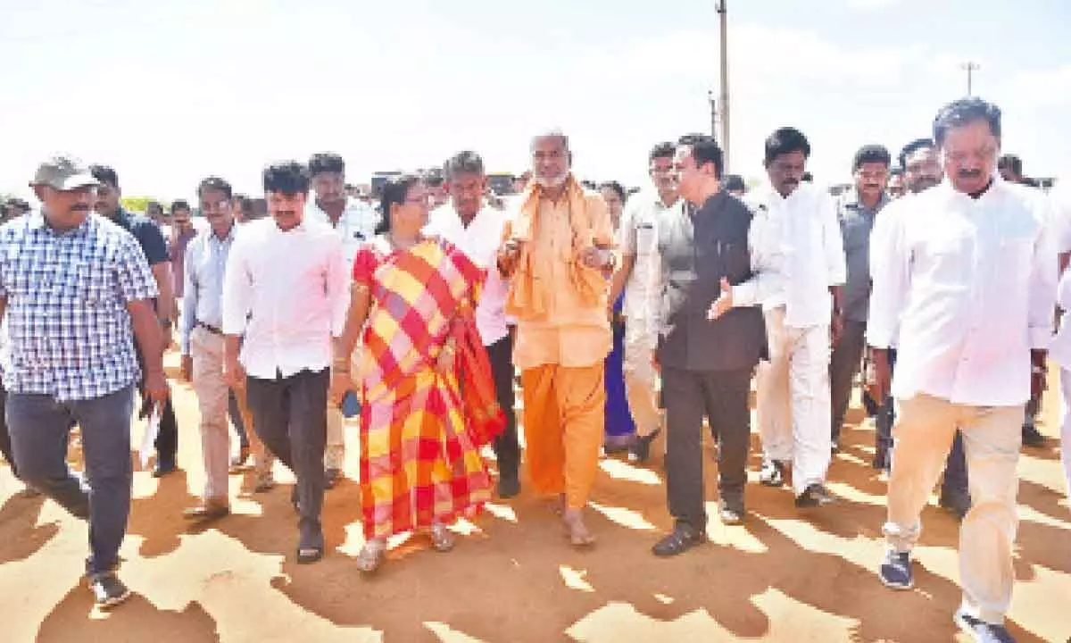 Ministers P Ramachandra Reddy, K Narayana Swamy, Tirupati Collector K Venkataramana Reddy and others visiting the CM’s public meeting venue in Venkatagiri to review the arrangements on Saturday
