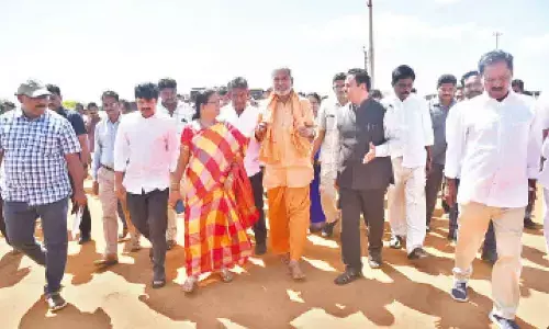 Ministers P Ramachandra Reddy, K Narayana Swamy, Tirupati Collector K Venkataramana Reddy and others visiting the CM’s public meeting venue in Venkatagiri to review the arrangements on Saturday