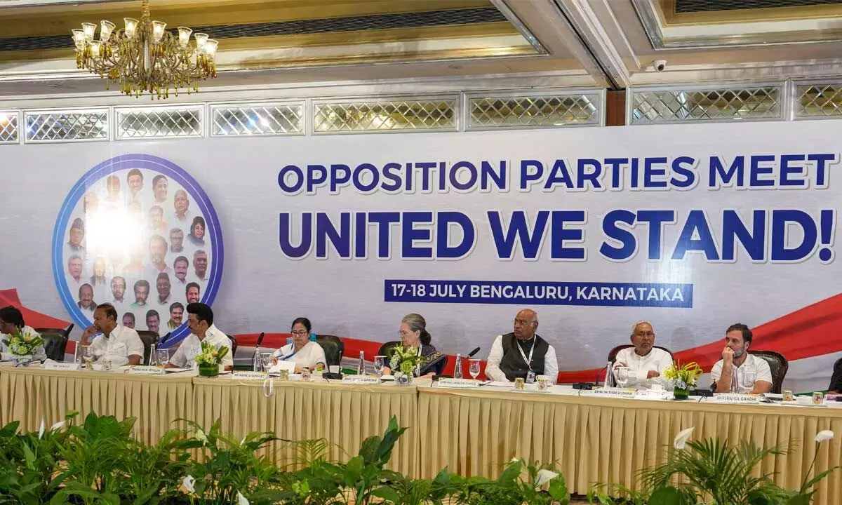 Congress president Mallikarjun Kharge, senior party leaders Sonia Gandhi, Rahul Gandhi, RJD chief Lalu Prasad, Bihar CM Nitish Kumar, West Bengal CM Mamata Banerjee, Tamil Nadu CM MK Stalin, Punjab CM Bhagwant Mann and others during opposition parties meet in Bengaluru on Monday