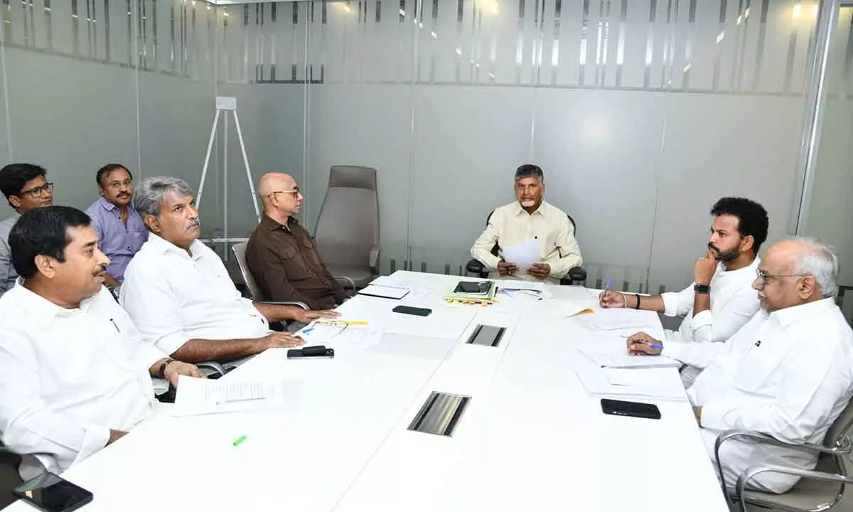 TDP national president and former Chief Minister N Chandrababu Naidu holding a meeting with party MPs at his residence in Hyderabad on Monday