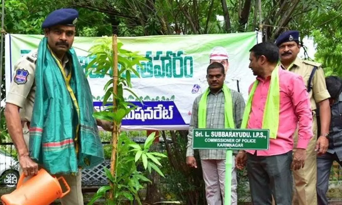 As part of the Green India Challenge, Commissioner of Police L Subbarayudu planted saplings at Karimnagar Commissionerate on Tuesday